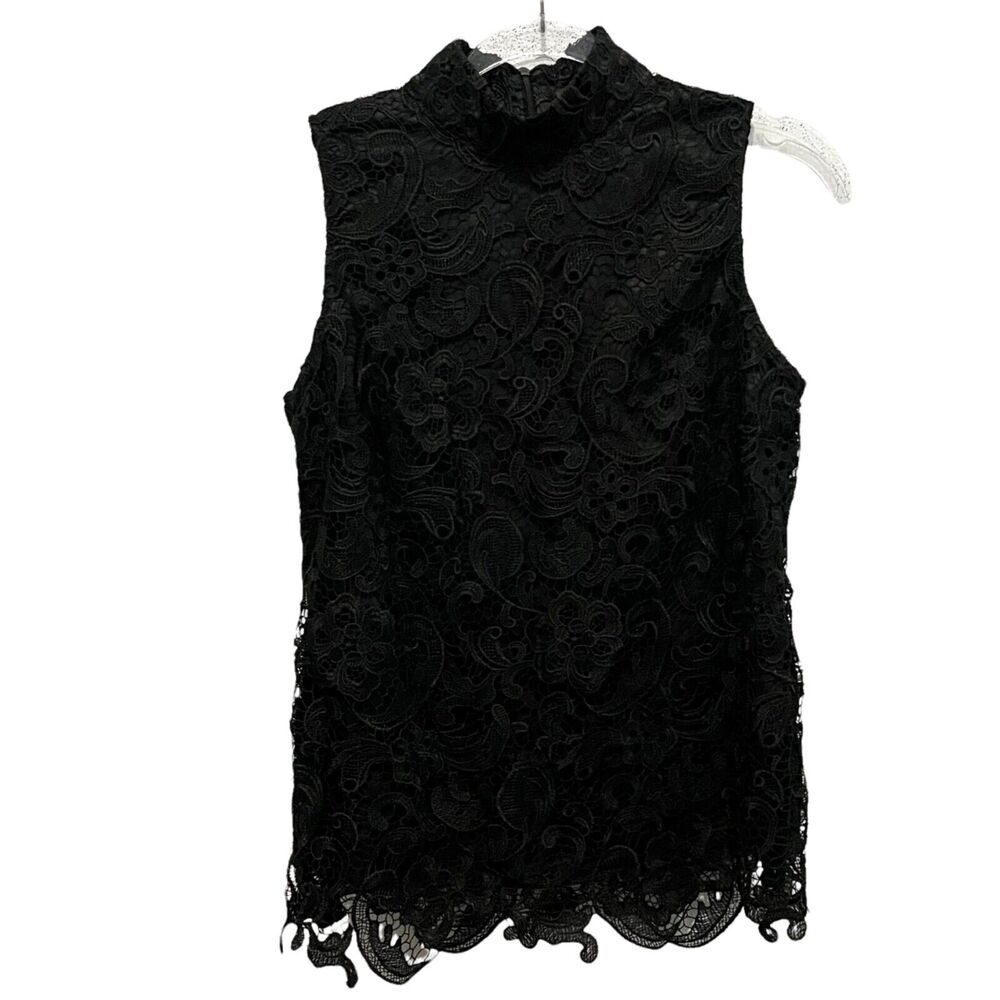Adrienne Vittadini Blouse Women Black Lace w/ Lining Mock Neck Sleeveless SZ 10